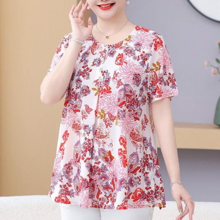 Summer Women's Print Blouse Loose Short Sleeve T-shirt Round Neck Plus Size Blouse 3XL-8XL