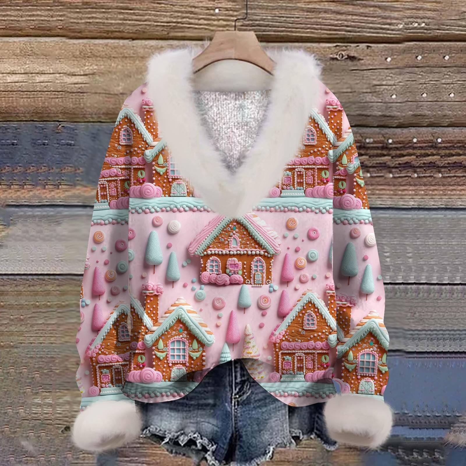 

Женский пуловер с длинным рукавом и рождественским принтом, плюшевый воротник, V-образный вырез, модные топы M жёлтый