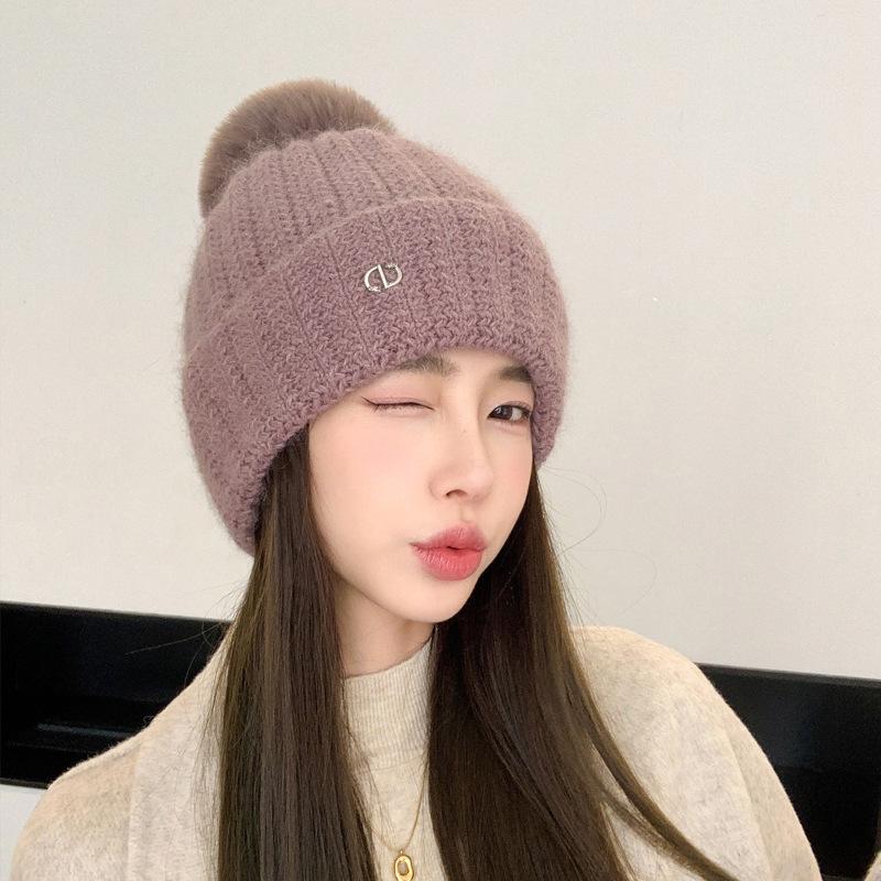 Rabbit Fur Knitted Hat Women's Autumn and Winter Warm Wool Hat New Velvet Ear Protector