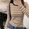 Spring Autumn Winter Retro Color Block Stripe Long Sleeve Top Women Daily Commute Slim Versatile Tee