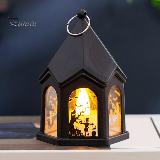 Spooky Table Centerpieces Halloween Pumpkin Lantern, Gothic House Shape LED Flickering Candle Light Plastic Decorative Lights for Party, Centerpieces,