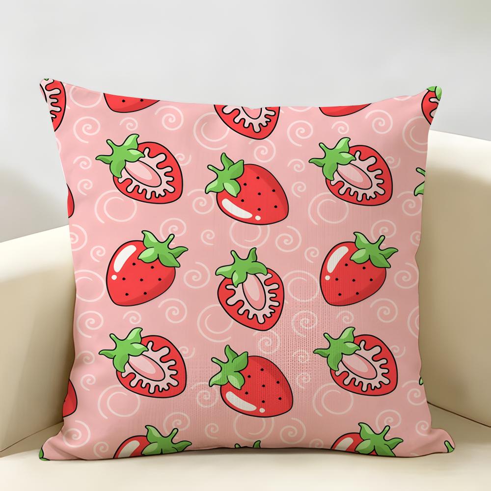 Cute Strawberry Girl Pink Cushion Cover Natural Linen Organic Fabric DoubleSided Printing Room Sofa Decor Pillow Case