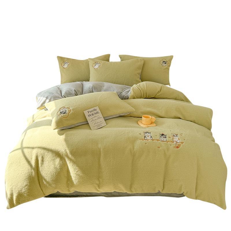 Thickened Imitation Cashmere Four-Piece Set Embroidered Milk Fleece Quilt Cover Coral Fleece Bedding Fleece Sheets