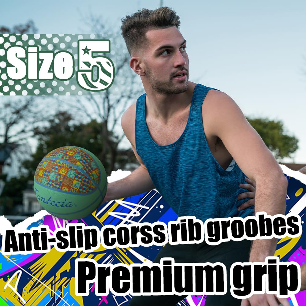 Fantecia Basketball Size Rubber Blue Square Perfect Gift for Teens 5, Indoor/Outdoor Ball, Pattern,