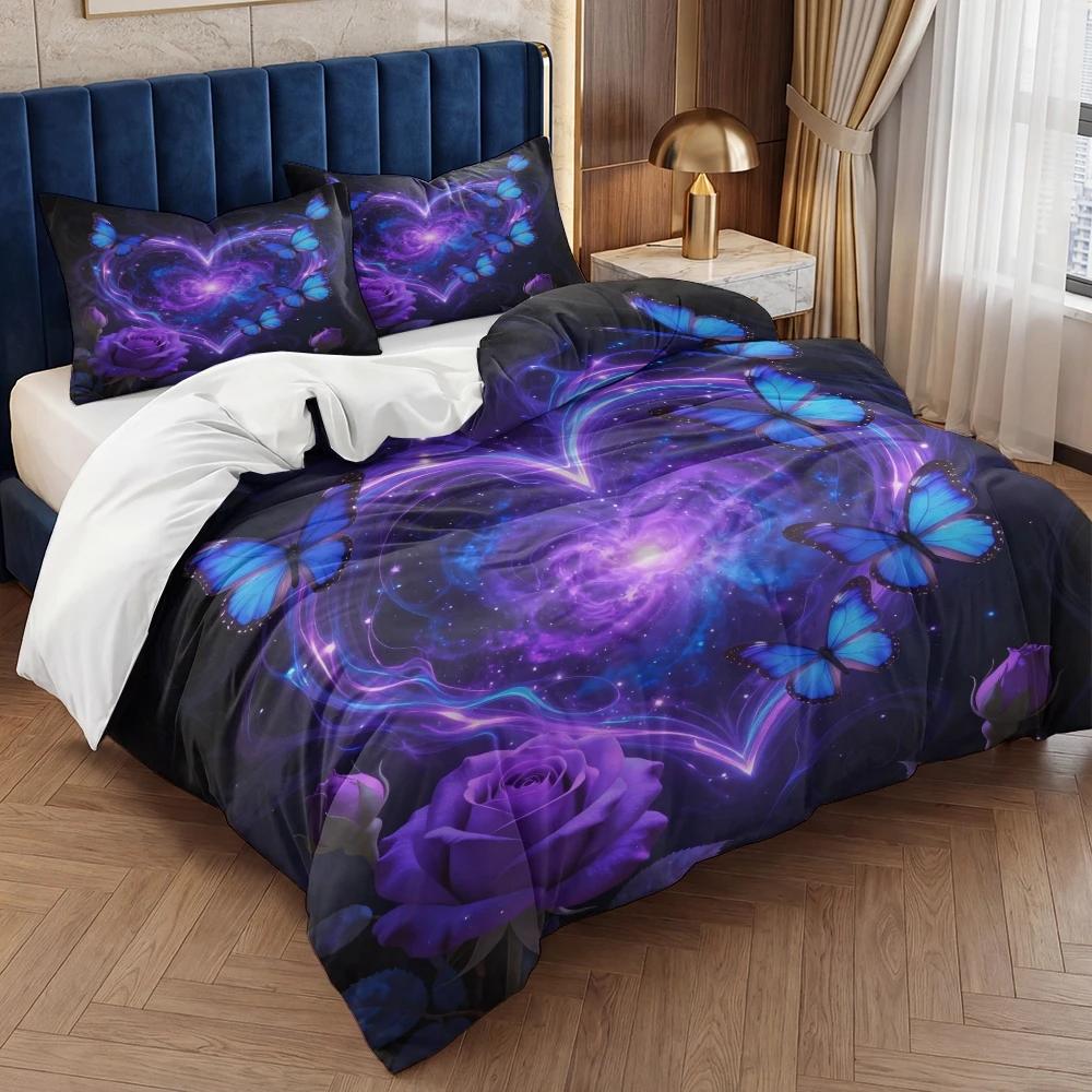 3 Piece Set Purple Dreamy Love Rose Valentine's Day Print Quilt Set,Including 1 Duvet Cover and 2 Pillowcases(excluding Padding)