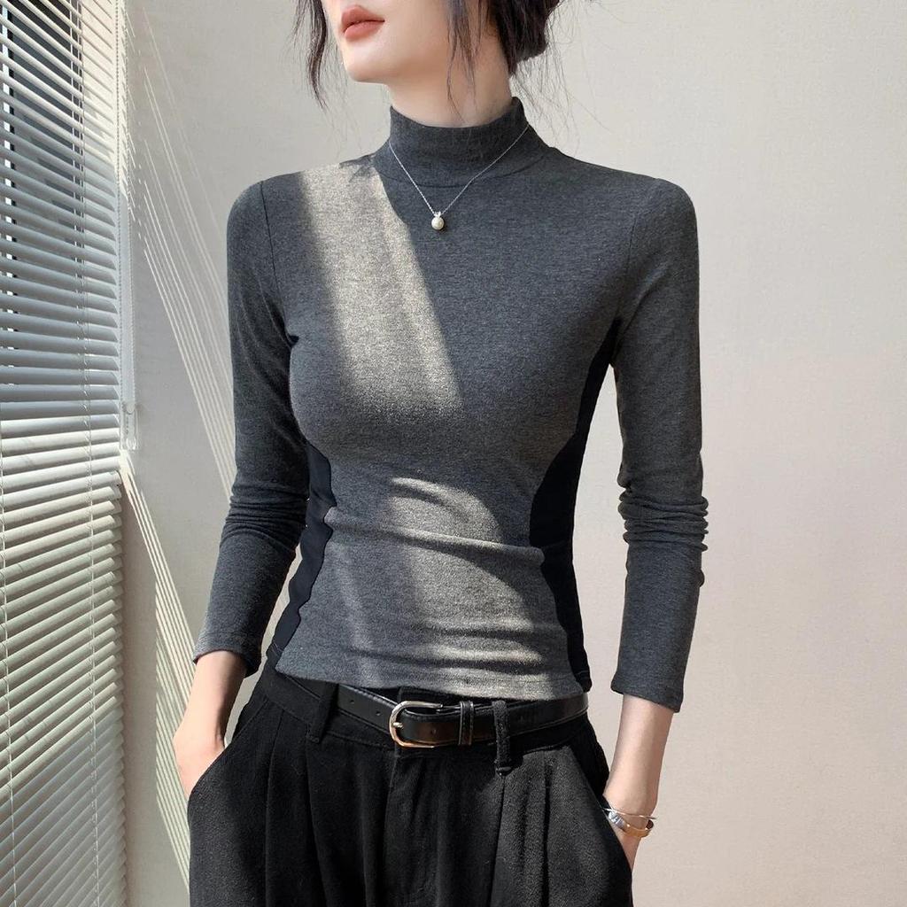Women's Deep Gray Color Block Half-High Neck Long-Sleeve Slimming Base Layer Top for Autumn/Winter