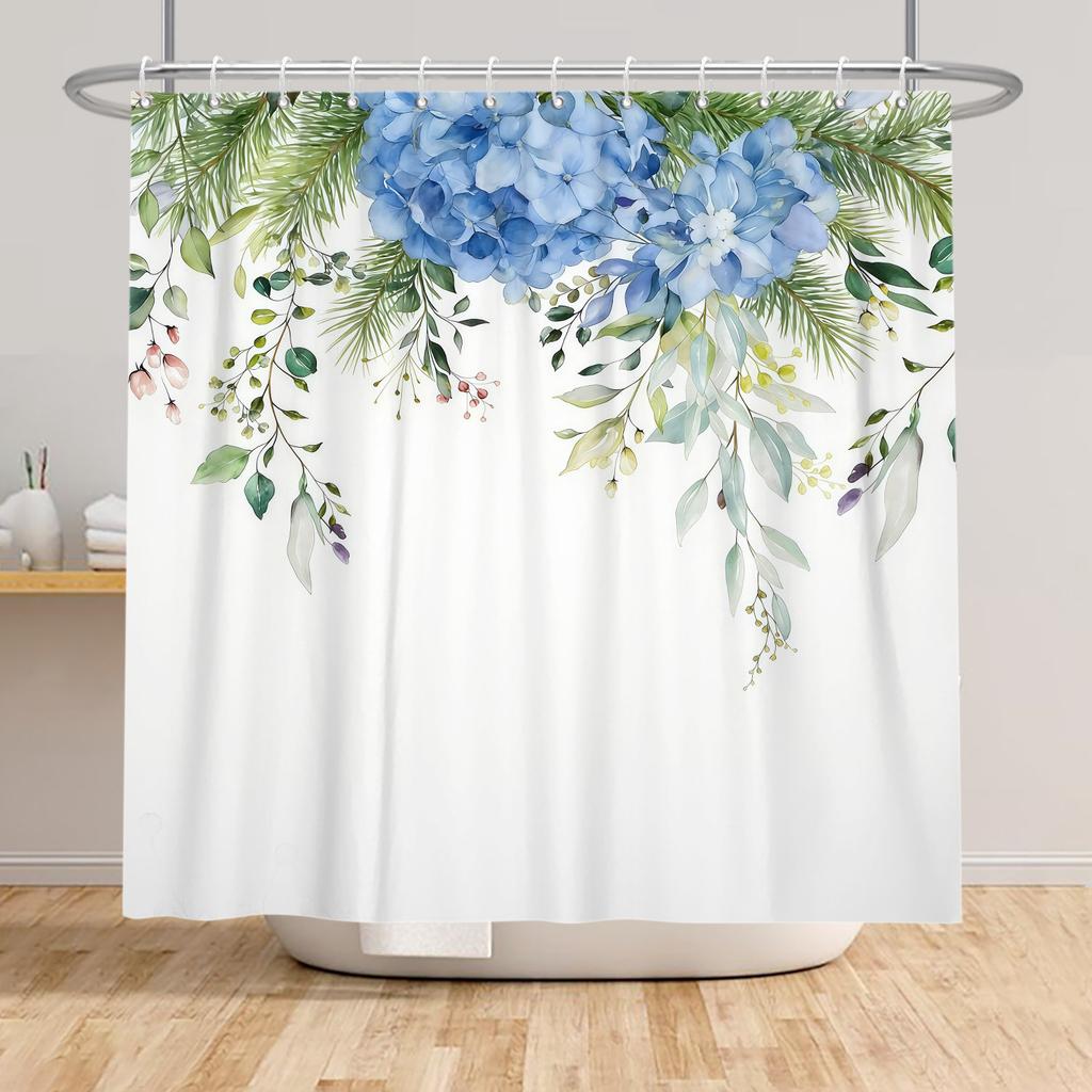 Watercolor Floral Shower Curtain Leaves Flowers Waterproof Bath Curtain For Bathroom Decor Polyester Fabric With Hooks Included