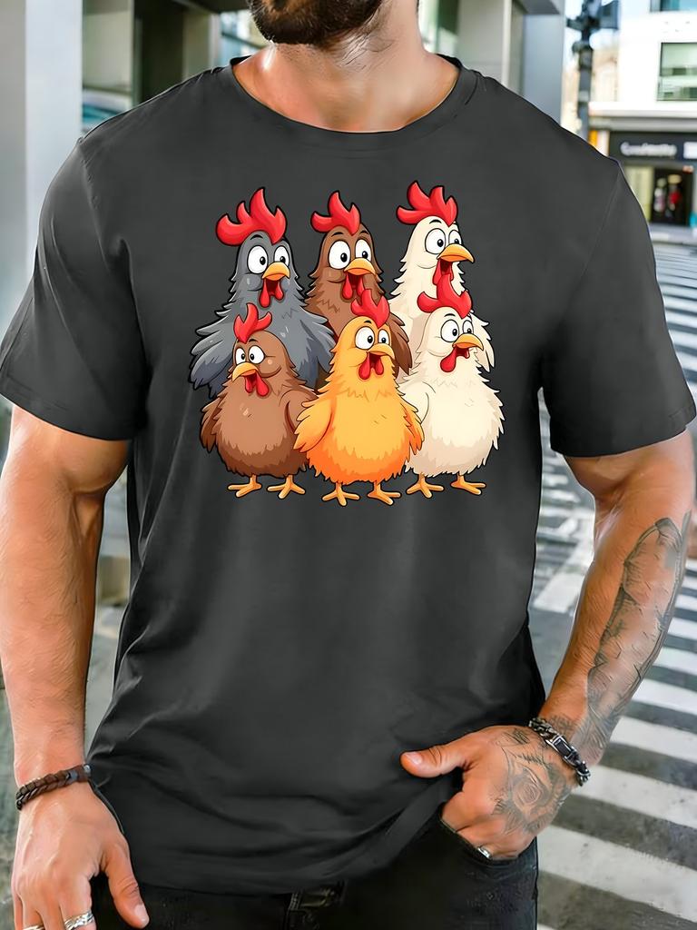 Unisex Colorful Chicken Group Cartoon Graphic Cotton Short Sleeve Tee Crew Neck Soft Male Summer Casual Breathable Street Top