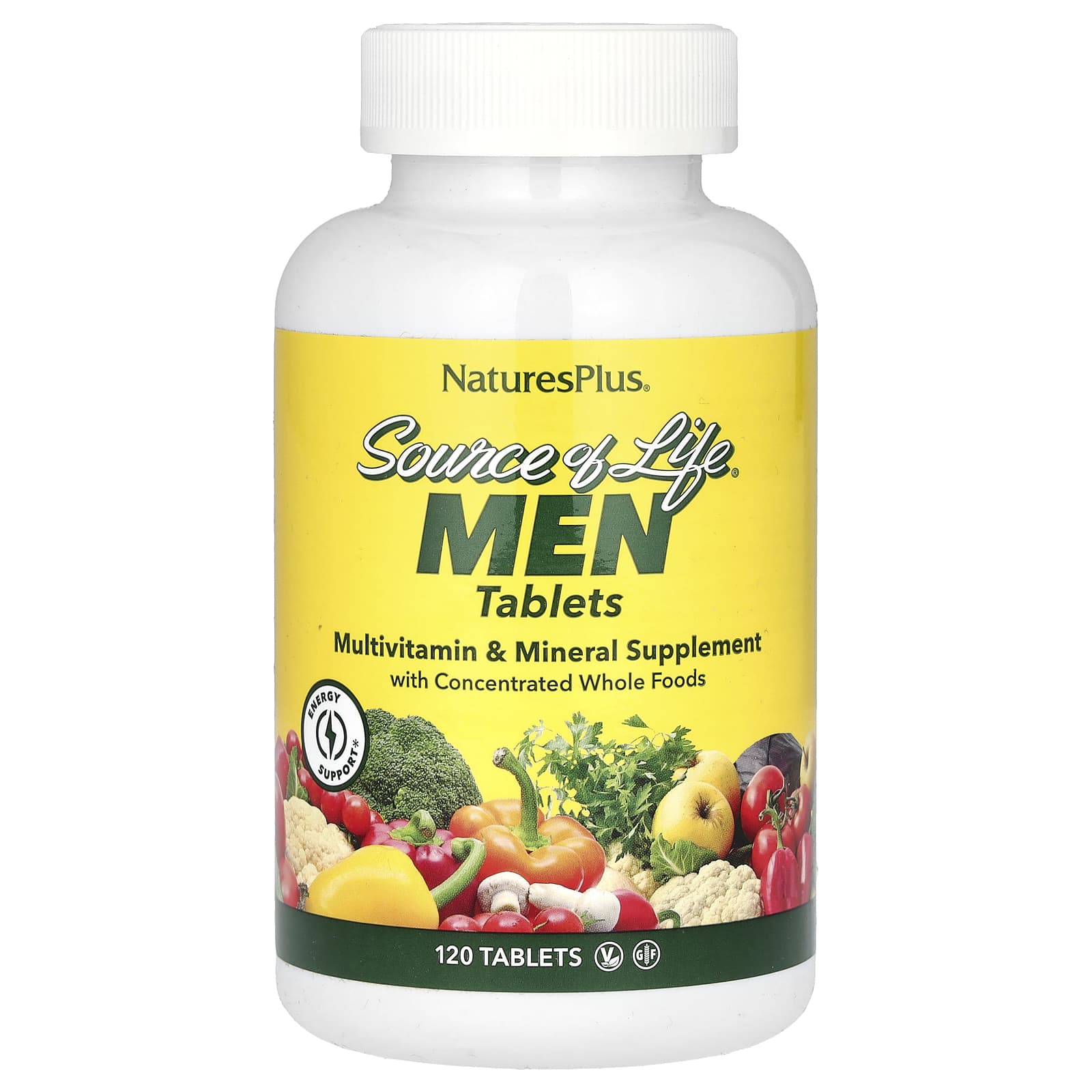 

NaturesPlus, Source of Life, чоловіки, мультивітамінна добавка з цільними харчовими концентратами, без заліза, 120 таблеток