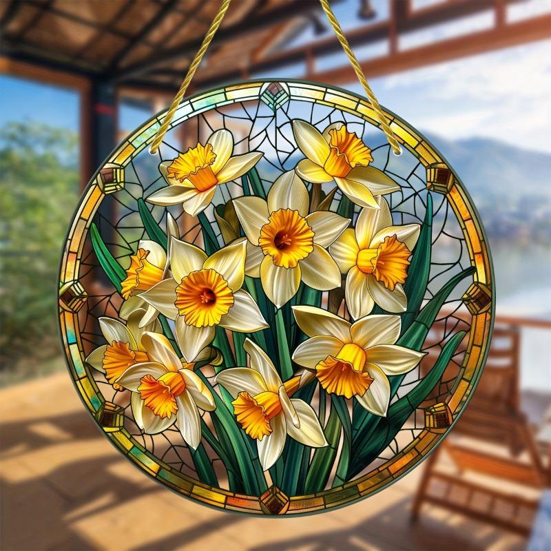 2D Flat Acrylic Garden Round Wall Hanging Decoration Sign, Daffodil Spring Sun Catcher, Nurseries, Vintage Home Decor Wall for Bar Kitchen