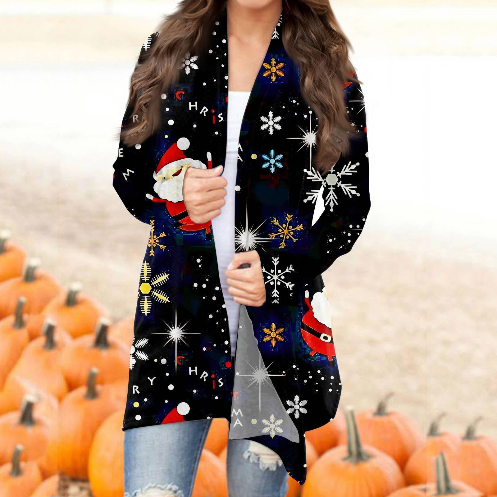 

Женский кардиган необычной формы с длинными рукавами и карманами с рождественским принтом XXL чёрный