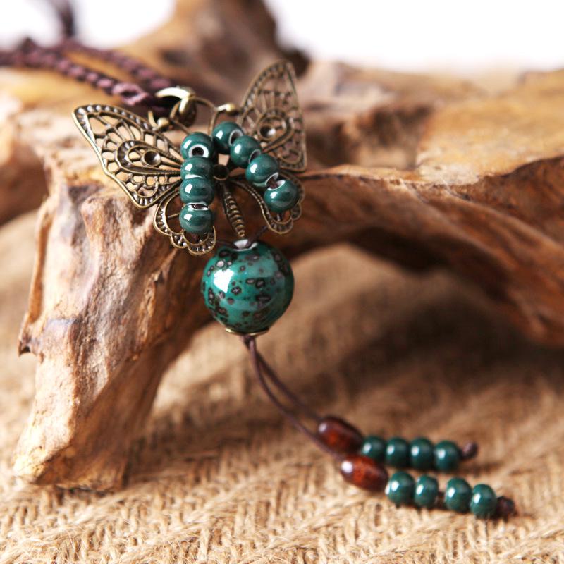 Qingge Ethnic-Style Butterfly Pendant Necklace for Women