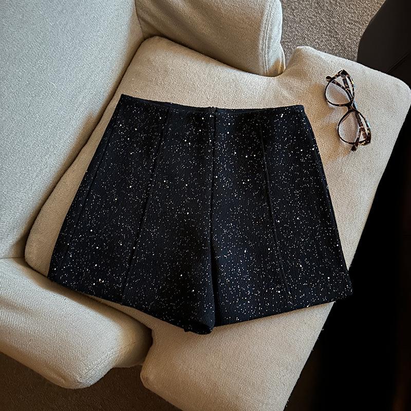 

Ретро Серые Блестящие Шорты с Завышенной Талией для Женщин - Утягивающие, Свободные, Широкие для Осени/Зимы XL чёрный