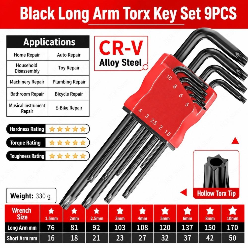 9Pcs Star Allen Wrench Set L Type Dual End Hexagon Key Spanner Kit for Screws Furniture Assembly and Mechanical Repair