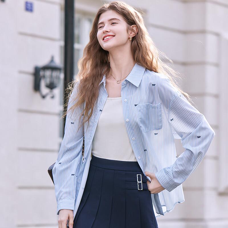 Betu Women's Striped Bow-Knot Print Lapel Shirt Jacket