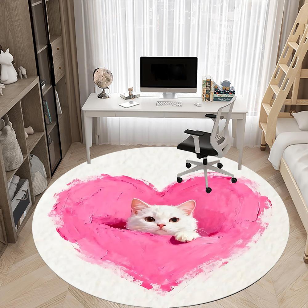 1PC Heart Cat Office Round Area Rug,  Mat Suitable ForOffice, Under Office Chairs Bedroom Living Room Home Decor, Room Deco