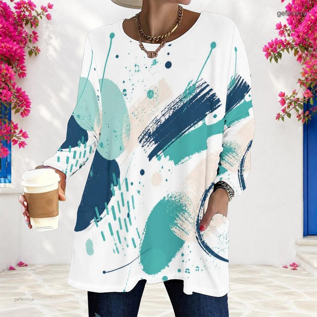 Women Plus Size Round Neck Long Sleeve Blue White Tie Dye Printed Loose Longline T Shirt With Pockets