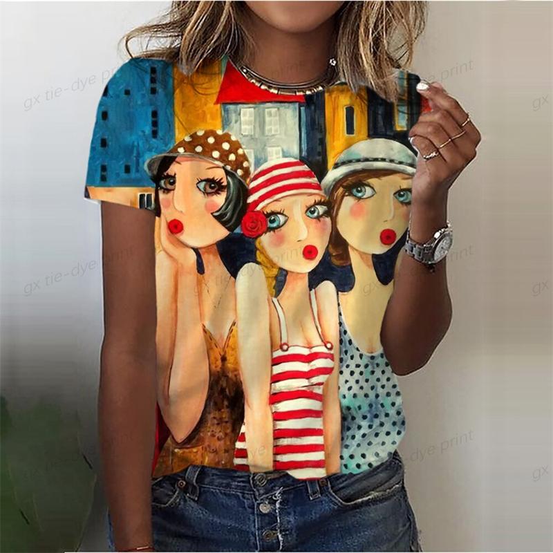 Classic Girls Face Painting 3D Graphic Tee Fashion Floral Print T Shirts For Woman Girl Street Harajuku Colorful Tshirt Tops