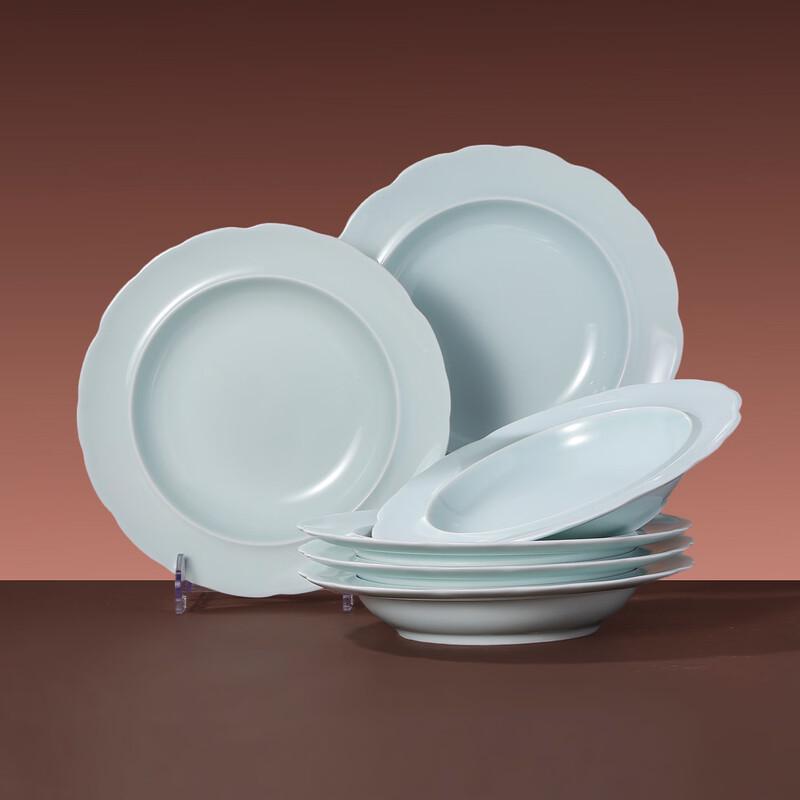 Jingdezhen Yingqing Celadon Flower Rim Deep Plate Set