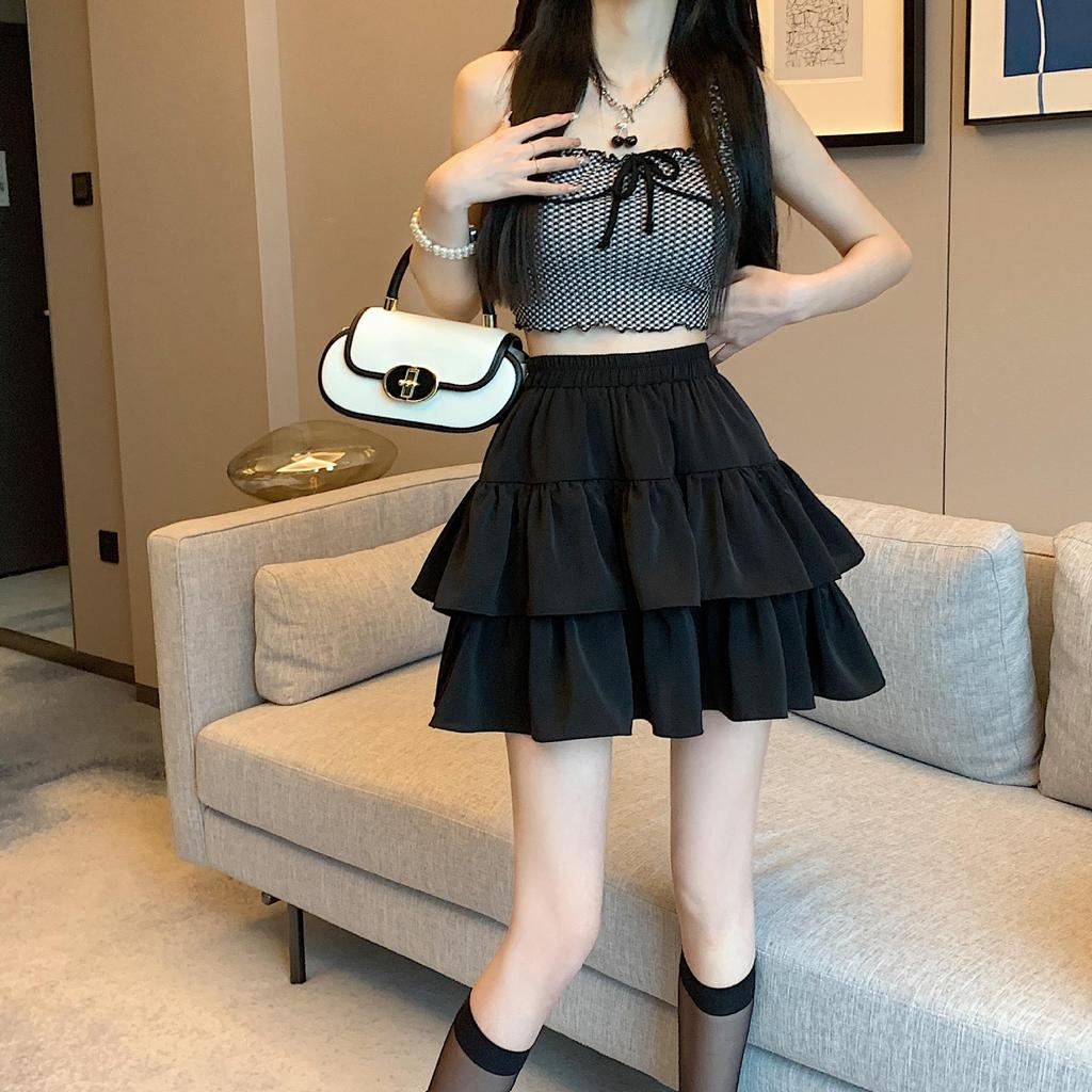 2025 Spring/Summer Women's High Waist Sweet Puff Double Layer Lace Skirt