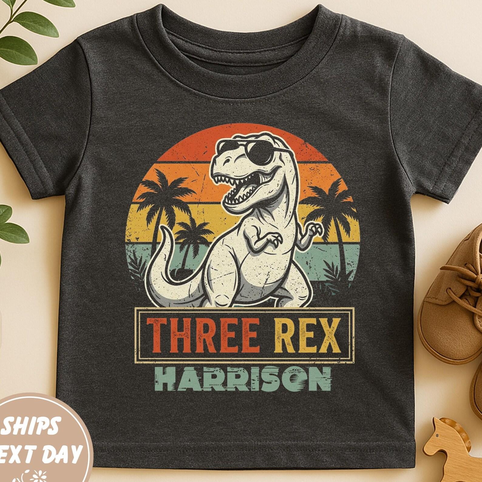 Personalized Three Rex Birthday Shirt Boy, 3rd Birthday Dinosaur Gift, Custom Name T-Rex Three Year Old Birthday Tee, Retro Dino Party 140