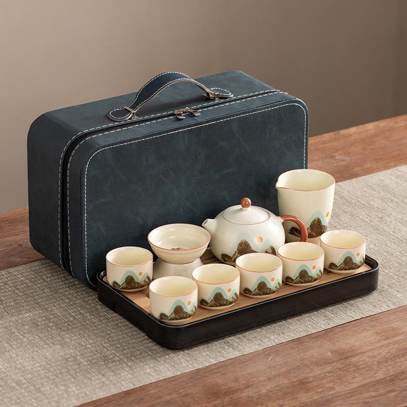 Xishi Teapot Huang Ru Kiln Travel Kung Fu Tea Set Household Portable Teacup Teapot Light Luxury Business Gifts