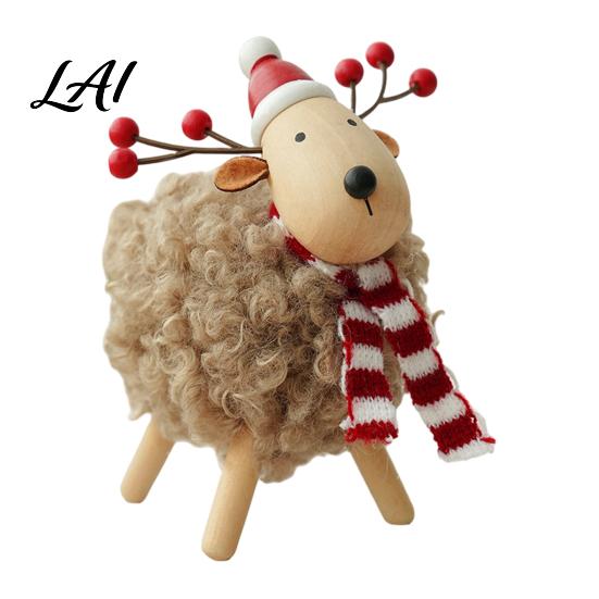 Wooden Lamb Ornaments Christmas Sheep Figurine with Scarf Santa Hat Plush Fleece Versatile Wood Art Pieces Tabletop Ornament Rustic Holiday Desktop