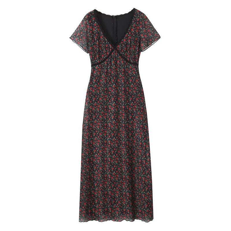 Kaslead New Arrival Women's Clothing Fashion Style Fashion Rose Printed V-neck Silm Waist-Tight Long Dress
