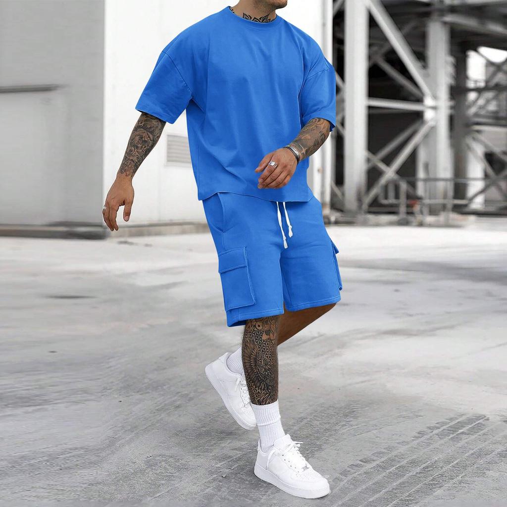 Men's Casual Short Sleeve T-Shirt and Cargo Shorts Set Lightweight Breathable Fabric Loose Fit Summer Outfit