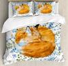 Cartoon Fox Duvet Cover King Size,Baby Fox Sleeping In A Floral Circle Image Print Bedding Set Kids Animal Quilt Cover