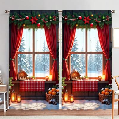 2pcs Christmas Day Atmosphere Printed Curtain for Christmas Home Decor - Rod Pocket Window Treatment for Bedroom,Office,Kitchen