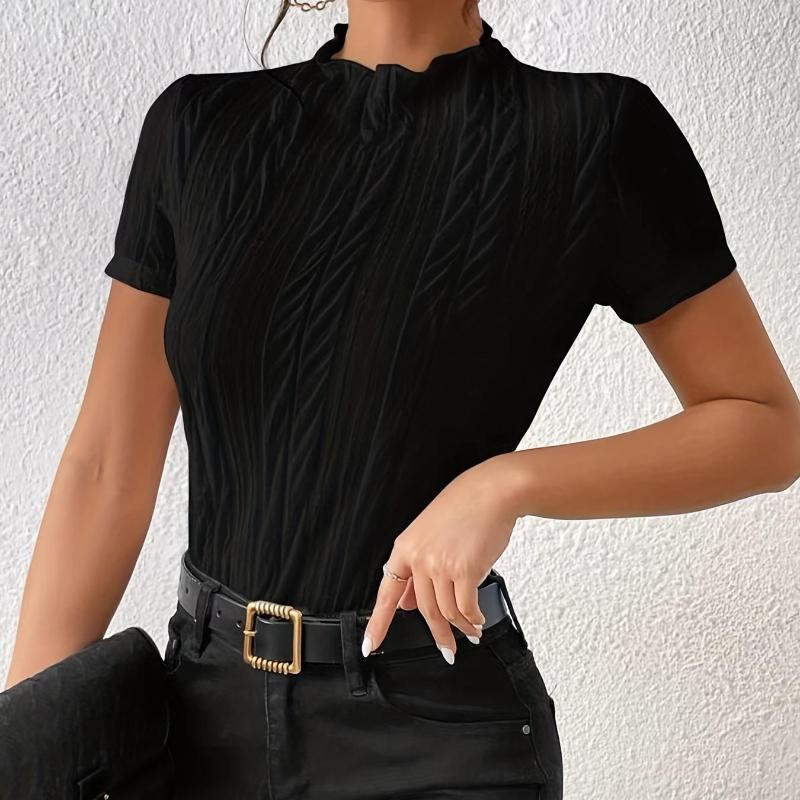 Teksturowany T-shirt z dekoltem w serek, swobodny top z krótkim rękawem na wiosnę i lato, odzież damska