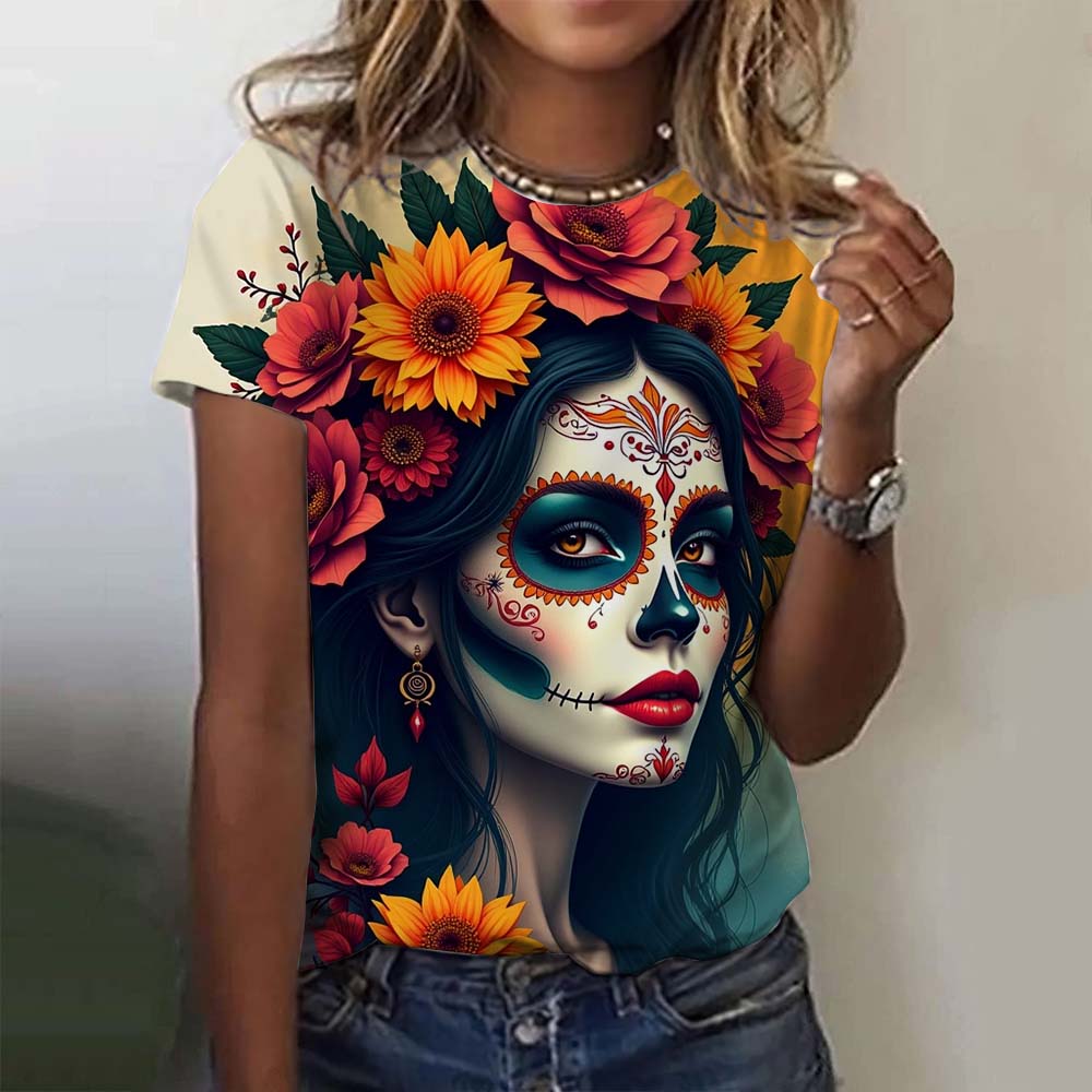 Girls' short sleeve women's T-shirt, casual sexy summer Day of the Dead skeleton pattern loose top.