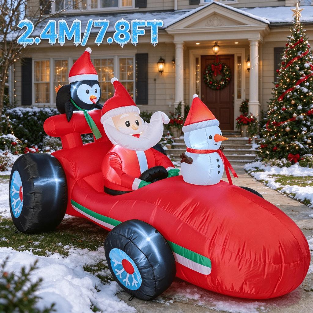 7.8FT/2.4M Inflatable Santa Claus Racing Car with Penguin and Snowman, Glowing Christmas Outdoor Yard Decor