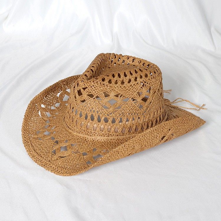 Straw Cowboy Hat for Men Women, Wide Brim Hollow Breathable Sun Protection Cap, Travel Beach Summer Hat