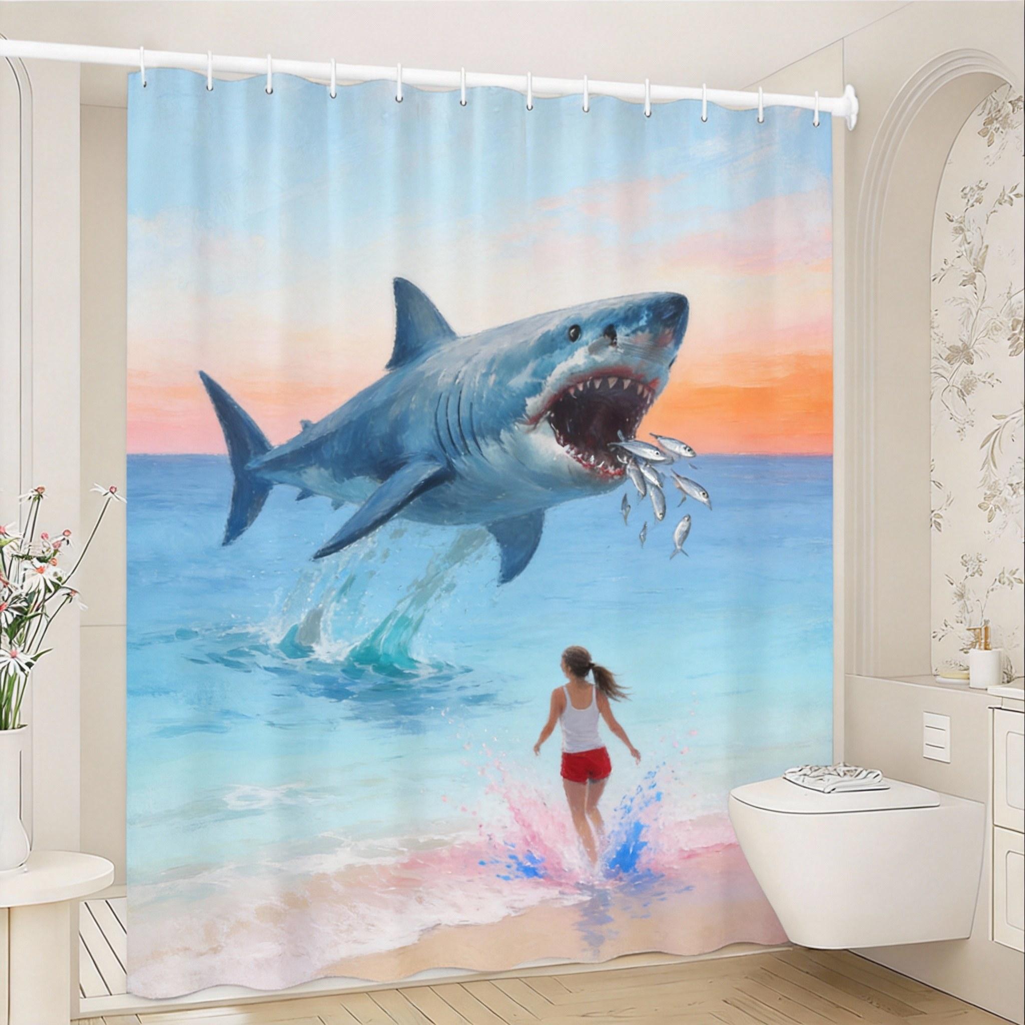 

Shark Attack Shower Curtain Great White Shark Art Underwater Scene Polyester Bath Curtain With Hooks For Horror Ocean Decor W60H190(CM)-1 Pcs