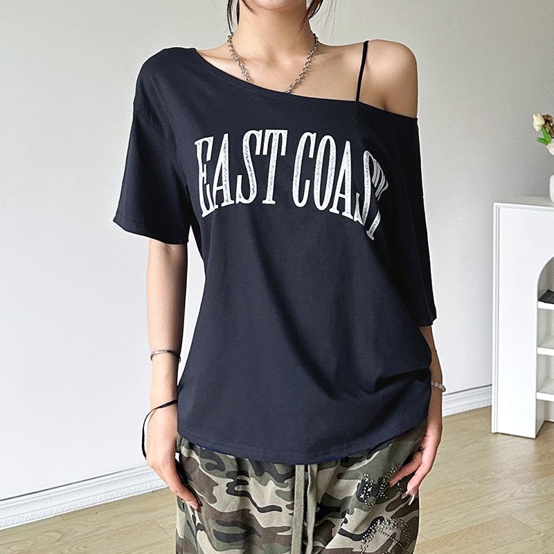 

T-shirts Women Niche Design Off Shoulder Solid Short Sleeve Summer Chic Loose Casual Daily Simple Sexy Korean Trendy Street Tops S темно-синього кольору