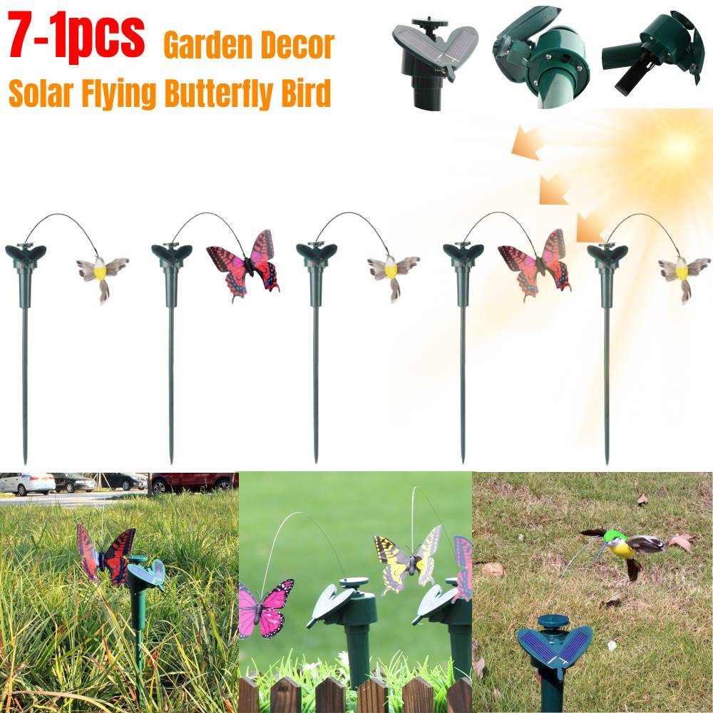 7-1pcs Solar Simulated Flying Wobble Butterfly Bird Garden Stake Ornaments Fluttering Butterflies Flying Bird Animal for Garden
