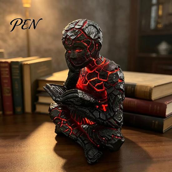 Decorative Resin Sculpture Cracked Reader Figurine, Lighted Abstract Art Statue, Modern Thinker Statue with LED Light for Home Desk Shelf Decor