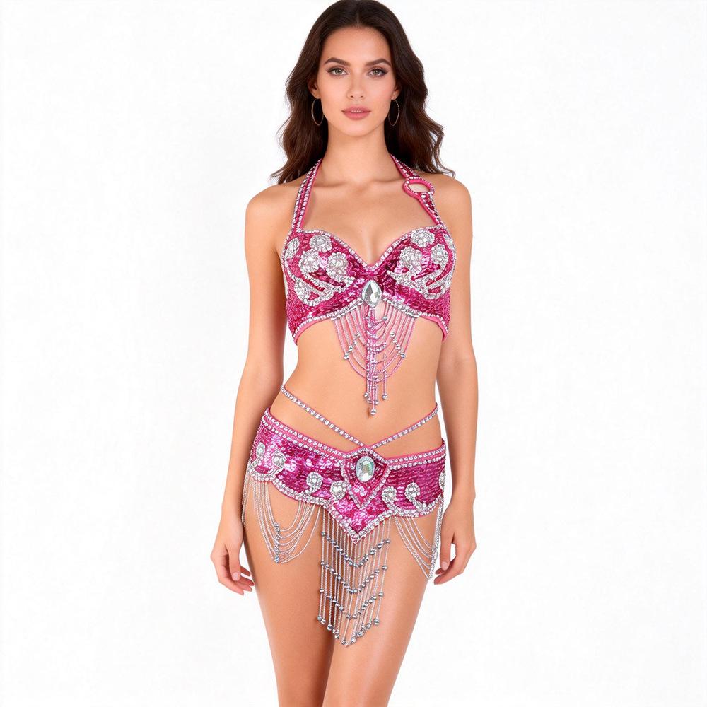 Handmade Beaded Belly Dance Costume Set - Bra & Waistband for Stage or Nightclub