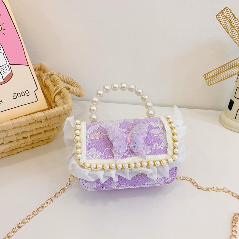Lace Cute Stylish Childrens Bag Beautiful Butterfly Pearl Handbag For Toddler Girls