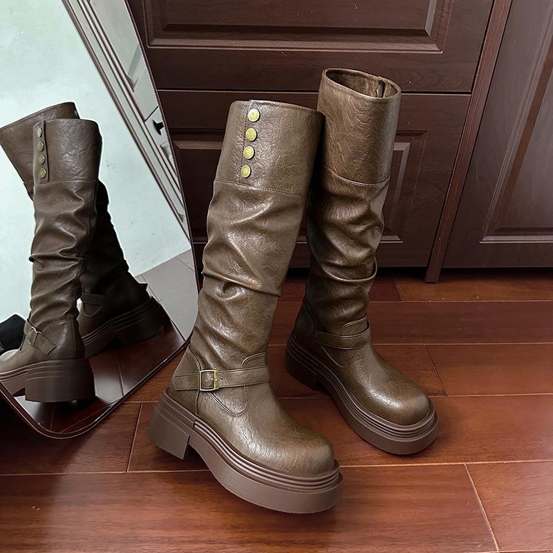 British style black long tube stacking boots women's 2025 new autumn and winter thick-soled heightening western knight boots Martin boots