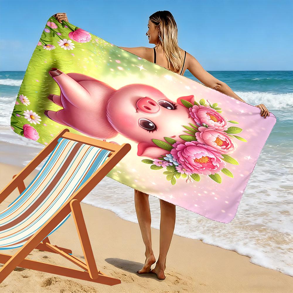 Cute Pig with Flower Crown in Spring Field Patterned beach towel quick dry perfect for travel outdoor sports jogging the beach and swimming