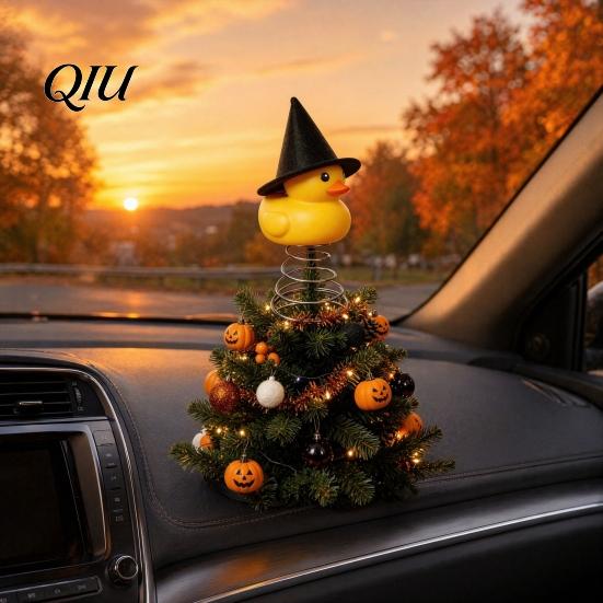 Yellow Duck Christmas Ornament Halloween Tree Topper, Small Witch Topper with Vivid Metal Spring Base for Gothic Home Decor, Holiday Party Supplies