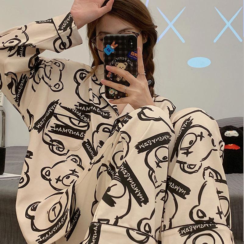 Spring and Autumn New High-end Imitation Cotton Pajamas Women's Summer Long-sleeved Trousers Set Women's Loose Large-size Loungewear