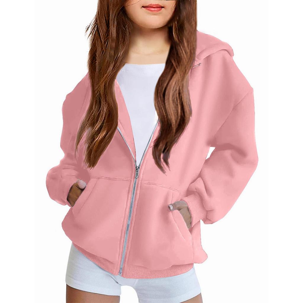 Children's Relaxed-Fit Zipper Hooded Sweatshirt Jacket Solid Color Hoodie With Pockets