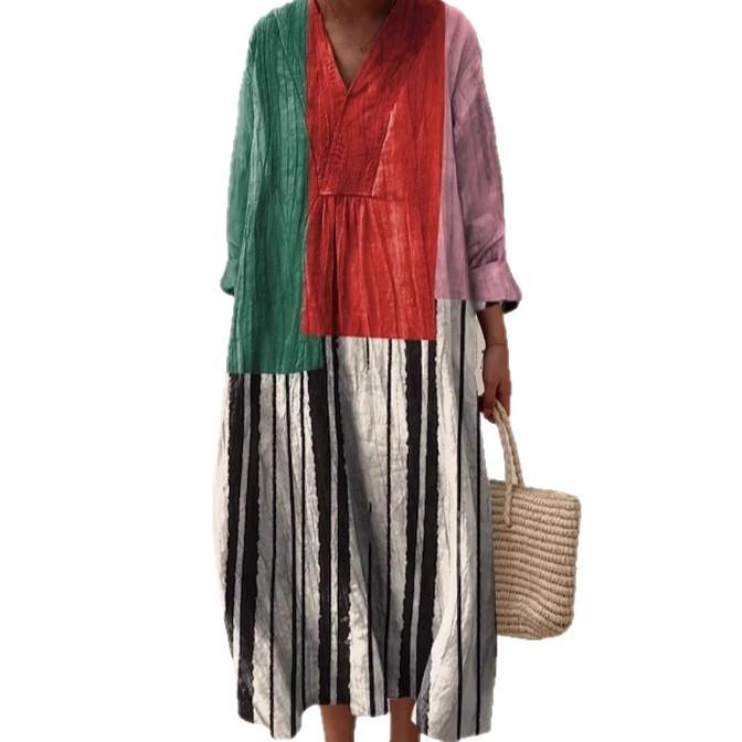 Fashion Vacation Style V-Neck Long Sleeve Printed Loose Beach Dress Women's Stylish Color Block Design Long Dress