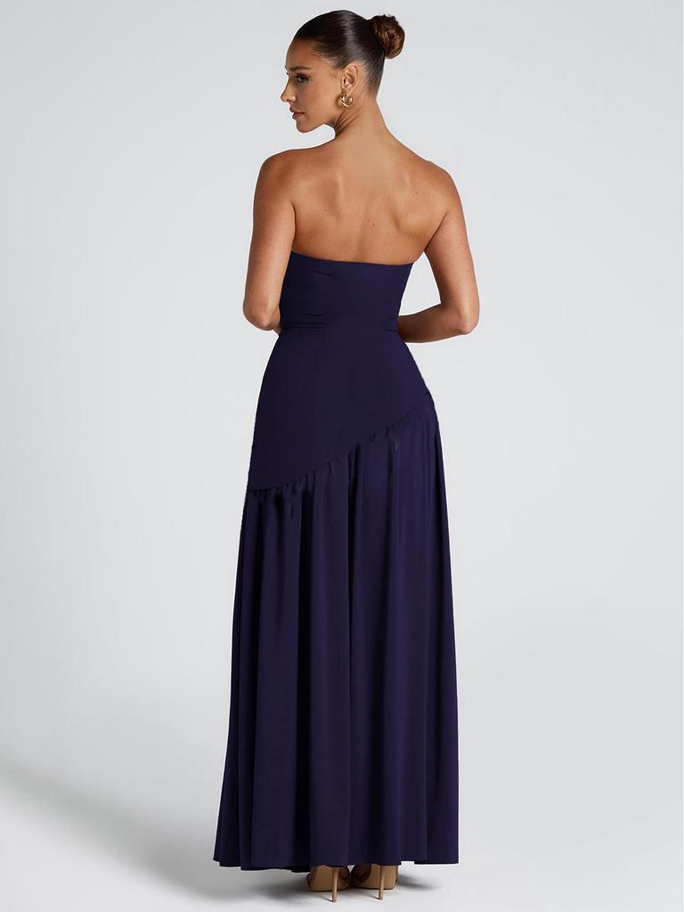 2025 European & American Diagonal Spliced Strapless Evening Gown - Sexy Ruched Long Dress for Women
