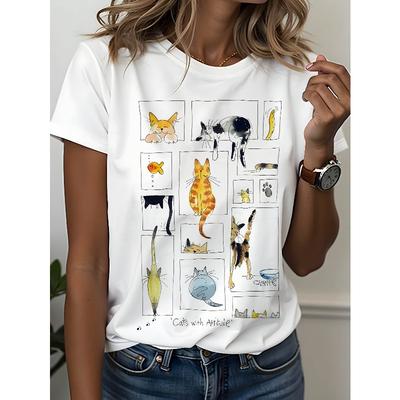 European Size Women'S Short-Sleeved T-shirt with Illustrations | Multiple Cats In Funny Poses, Fresh Hand-Painted Style