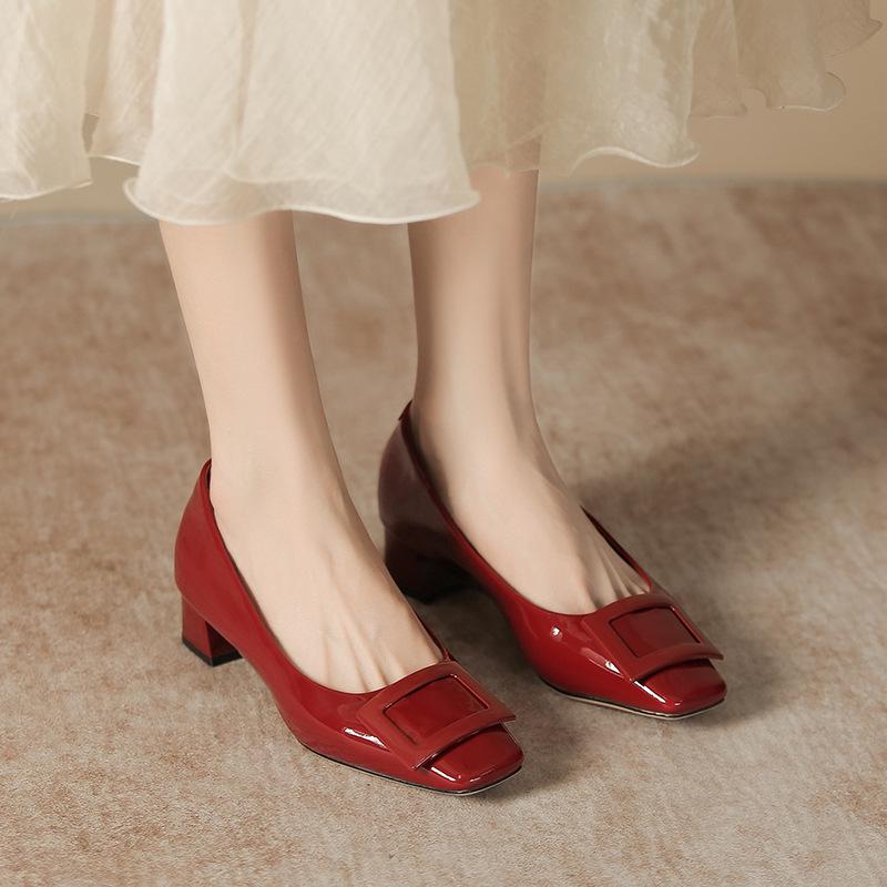 Women's Nude Patent Leather High Heels with Square Buckle